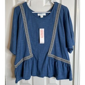 Bunulu Womens Boho Cotton Short Sleeve Top Sz Large Peplum Braid Trim Shirt NWT